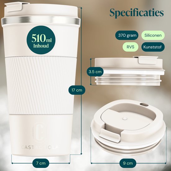 Castagnola Thermosbecher – Kaffeebecher zum Mitnehmen – Reisebecher für Kaffee und Tee – Teebecher – 510 ml – Edelstahl – Offwhite