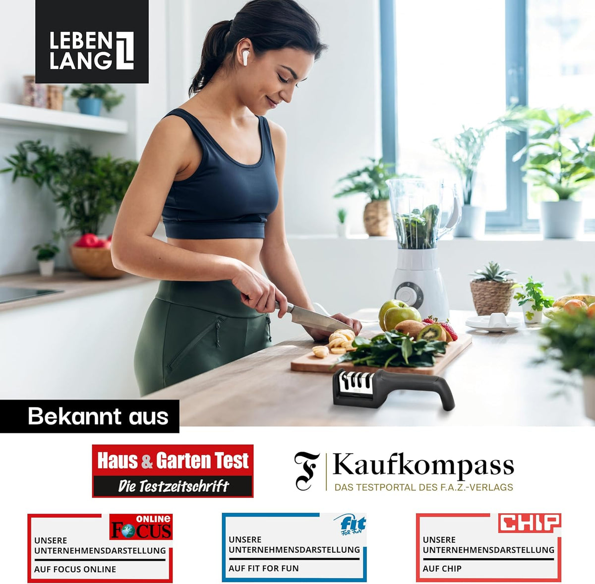 LEBENLANG Messerschärfer - 4 Stufen - 22 x 6,5 x 5,5 cm - Schwarz