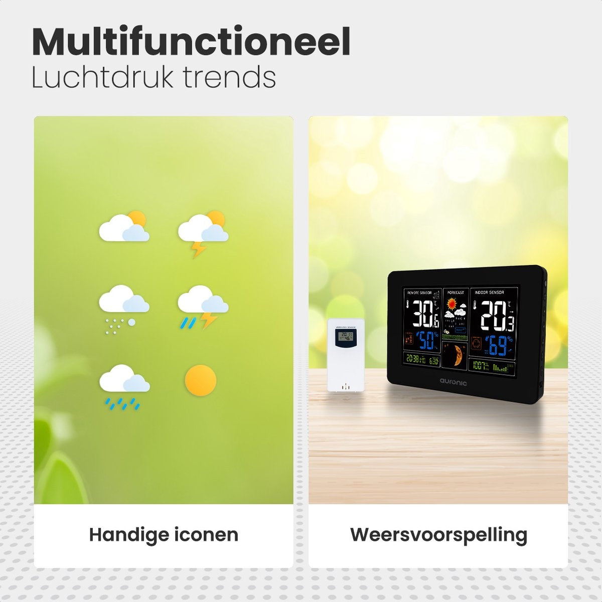 Auronic - Wetterstation - Funk mit Außensensor - Drahtlos - Innen/ Außen - 60M Reichweite - Schwarz