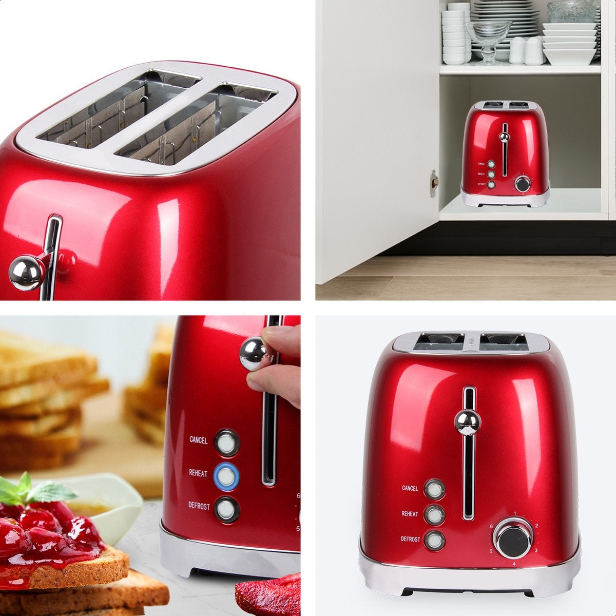 KitchenBrothers Retro-Toaster - 6 Heizstufen - 2 extra breite Schlitze - 1630W - Aufwärm- und Auftaufunktion - Rot