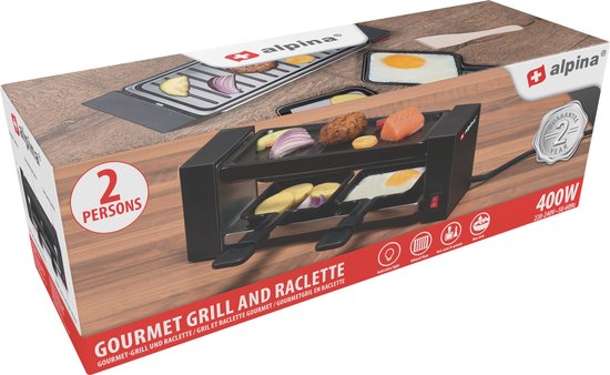 alpina Raclette Gourmet Set - 400 W -Raclette und Grill - Antihaftbeschichtung - Edelstahl - Easy Carry - Schwarz