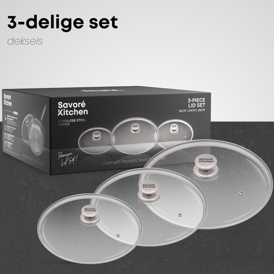 Savoré Kitchen Pfannendeckel-Set 3-teilig - Deckel für Bratpfanne Ø 20, 24, 28 cm - Edelstahl - Glas