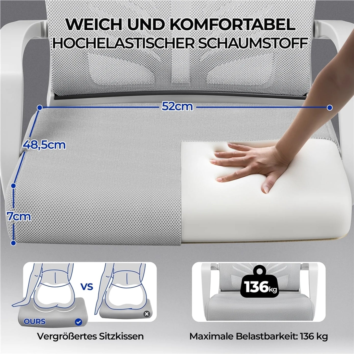 Yaheetech Bürostuhl - Ergonomisch - Hellgrau - Verstellbar