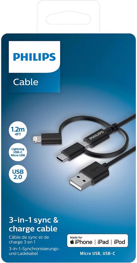 Philips DLC3104T/03 3-in-1-Ladekabel - Lightning USB-Kabel, Micro-USB, USB-C - Kompatibel mit Apple und Samsung - 1,2 Meter - Schwarz