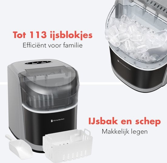 KitchenBrothers Eiswürfelbereiter - 1.6L - 8 min. - 12kg/24h - Selbstreinigungsfunktion - Eiswürfelbereiter mit Eisportionierer - Edelstahl