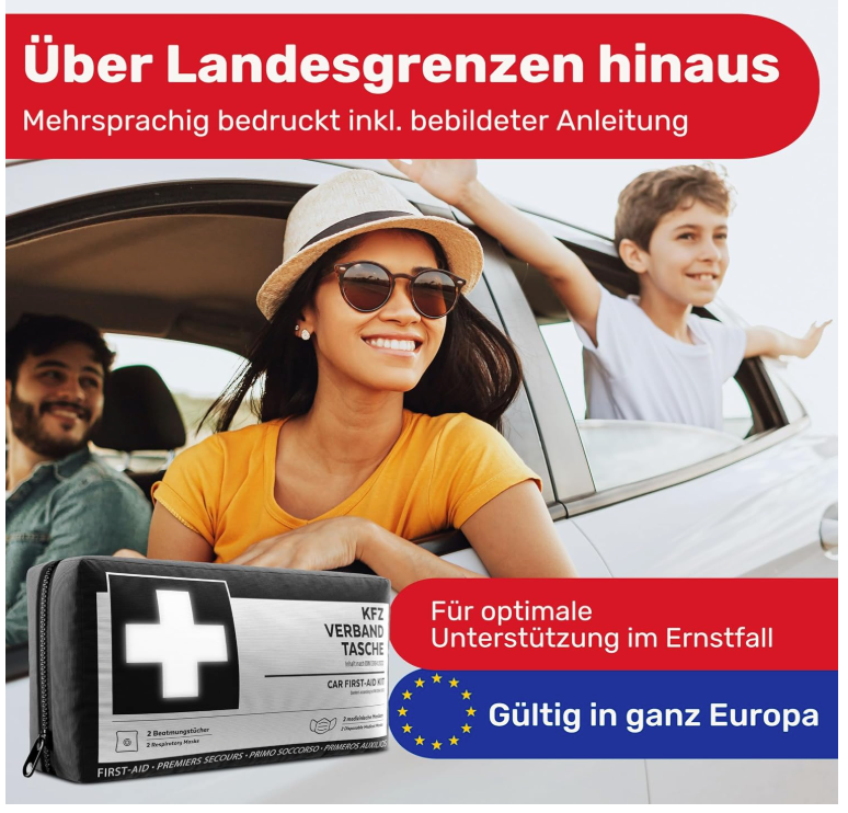 HELDENWERK - Auto-Verbandstasche & Erste-Hilfe-Set - DIN 13164:2022 Standard - Schwarzes wasserabweisendes Nylon - Inklusive Atemtücher & Masken - Für Auto & Motorrad - Kompakt & Sicher
