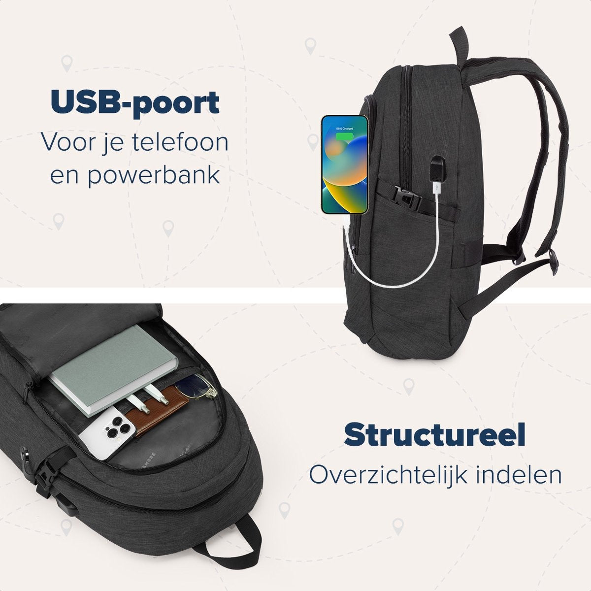TRVLMORE Rucksack - 25L - 15.6 Zoll - Laptop-Rucksack - Schultasche - Unisex - Spritzwassergeschützt Anthrazit