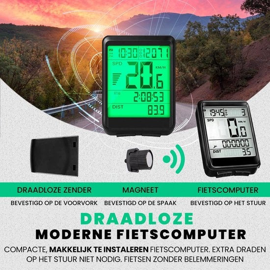 Strex - Fahrradcomputer - 17 Funktionen - Extra großer Bildschirm - kabellos & wasserdicht - Schwarz
