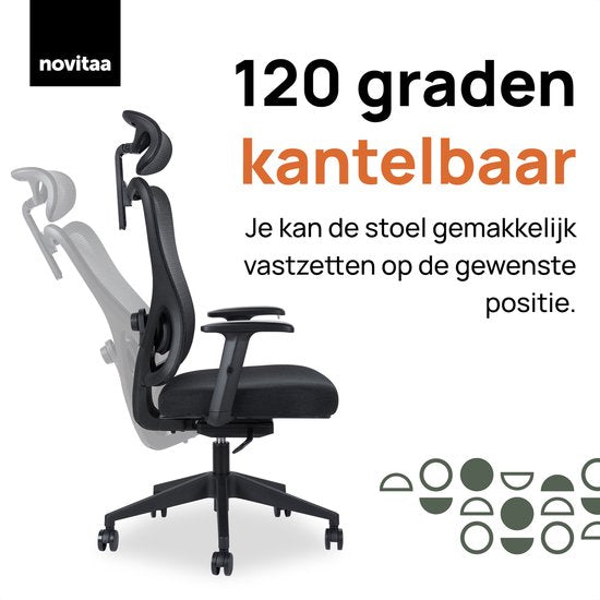 Novitaa Bürostuhl - Ergonomischer Bürostuhl - Bürostuhl - Erwachsene - Verstellbar - Kopfstütze - Schwarz