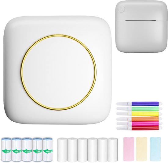 Gatson Mini-Drucker - Inklusive 14 Rollen Papier (Sticker, Normal & Farbe) + 5 Stifte - Mini-Drucker für das Handy - Pocket-Drucker - Mobiler Fotodrucker