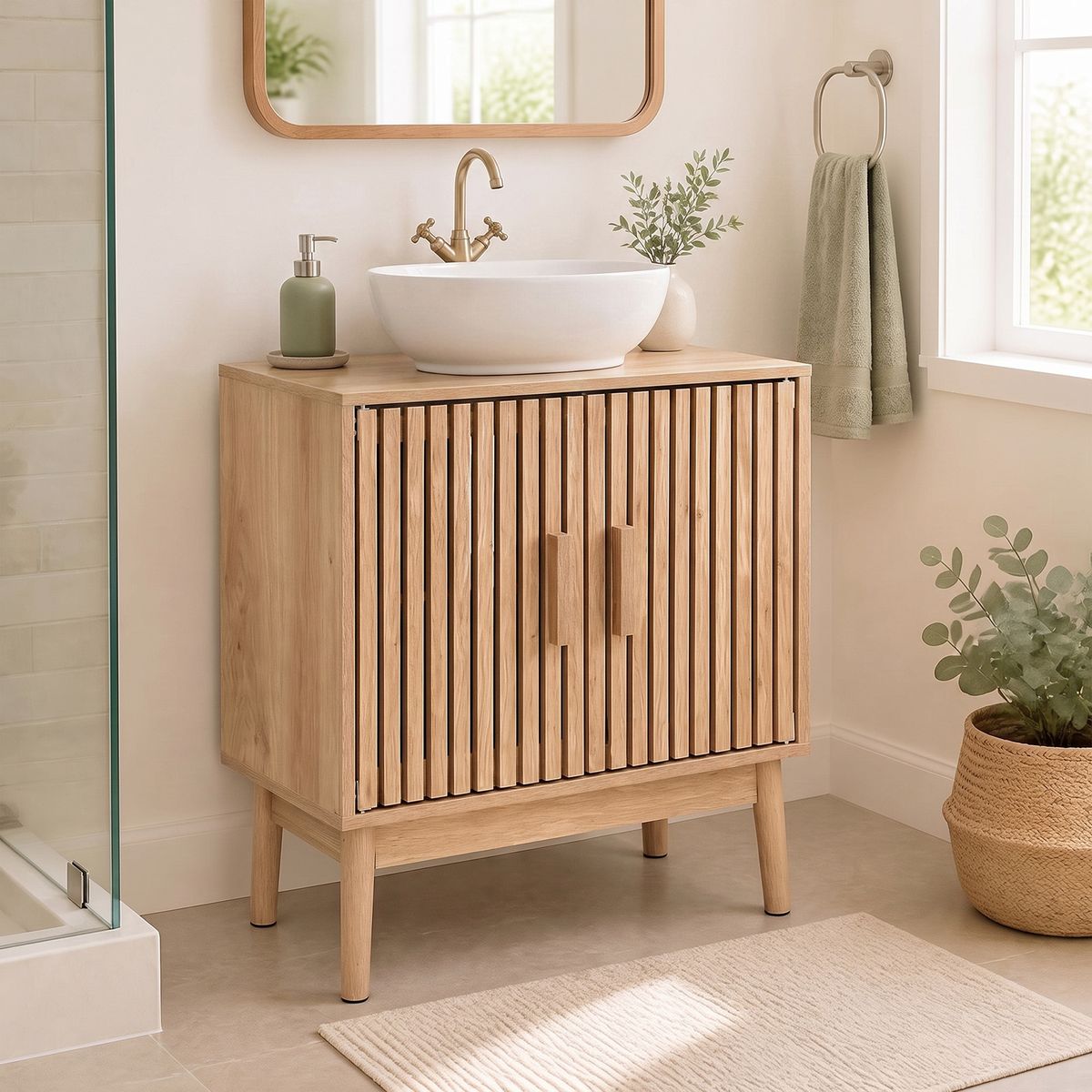 Coast Badezimmerschrank, Waschtischunterschrank – 2 Lamellentüren – Beine aus Kiefernholz – natur – 60 x 30 x 70 cm