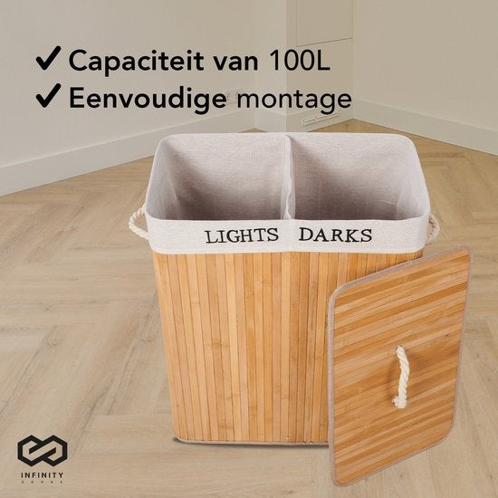 Infinity Goods Wäschekorb mit Deckel XL - Bambus - 2 Fächer - Wäschesortierer - 2 waschbare Baumwollwäschesäcke - Griffe - 100 Liter - Naturbraun