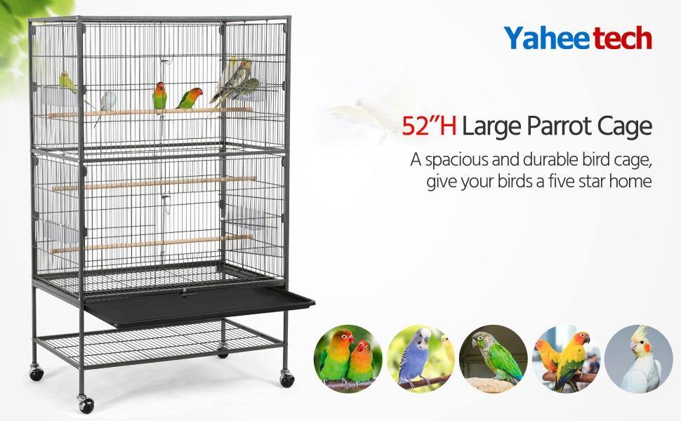Yaheetech Vogelkäfig 132 cm – Schwarz – Groß – Mit Ständer – 3 Sitzstangen – 4 Futtertröge – Auf Rädern