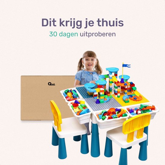 Qwali Kinderspieltisch mit Stühlen - Geeignet für Duplo, Wasser und Sand - Aktivitäten - Set - Zeichentisch - Für Jungen und Mädchen - Für Kleinkinder - Spieltisch - Schreibtisch - Kinder - Tisch - Möbel