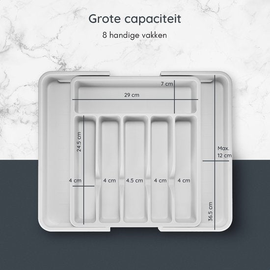 Deleca Ausziehbarer Besteckkasten mit 8 Fächern - Besteckschubladenorganisation - Küchenschubladenbesteckorganisation - Besteckhalter Küche - 57 x 38 cm - Kunststoff / Weiß Grau