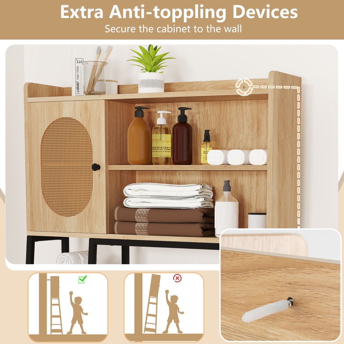 Coast Toilettenschrank 89x29x139 cm Natur - Freistehender Waschplatz mit PE-Rotan-Tür, Ablagefächern und verstellbarem Einlegeboden