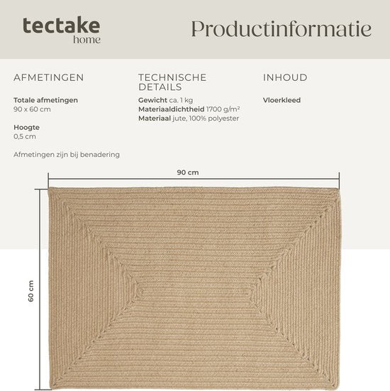 tectake - Flechtteppich - Boho-Stil - Juteteppich für den Innen- und Außenbereich - Langlebig, pflegeleicht, formbeständig und allergikerfreundlich - Vintage-Teppich - Div. Größen - 60x90 cm