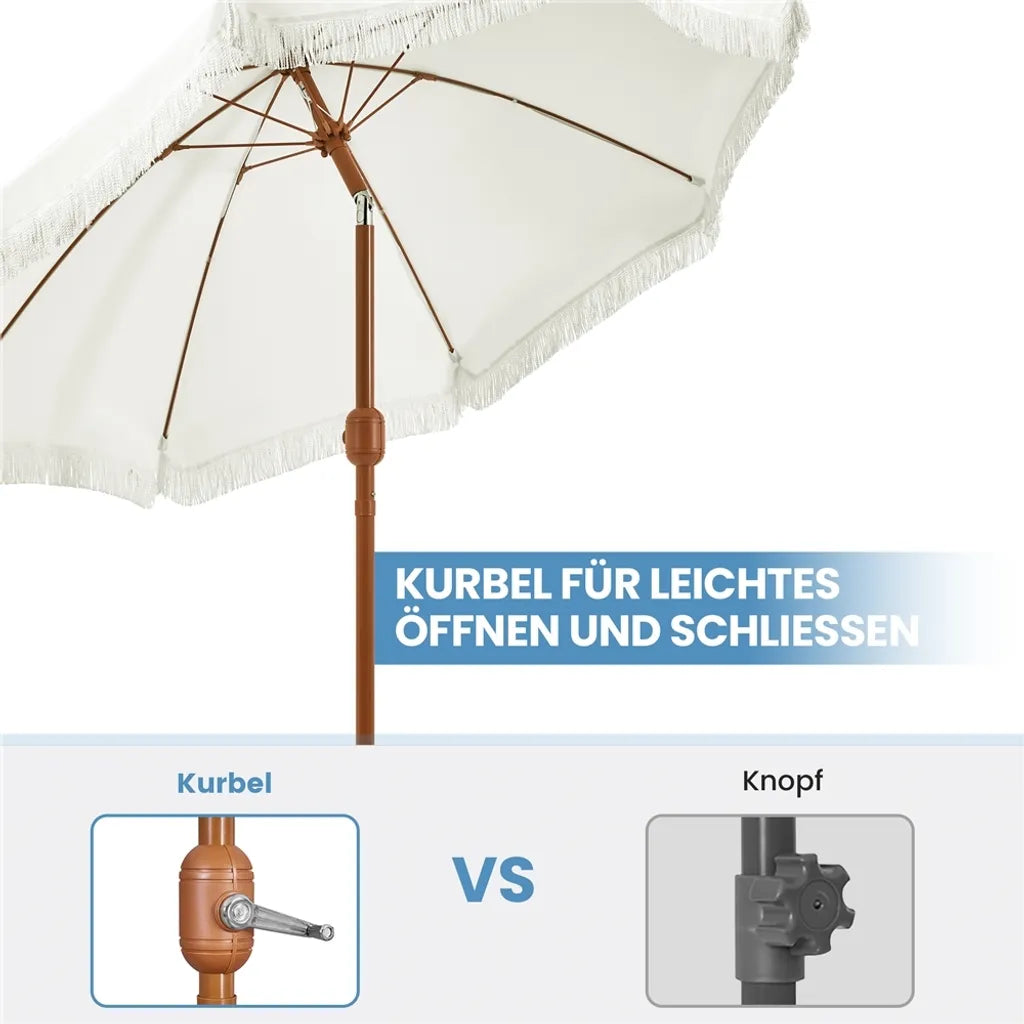Yaheetech Sonnenschirm - Mit Fransen - Kippbar - Mit Kurbel - Ø215 cm - Cremeweiß - Retro Design