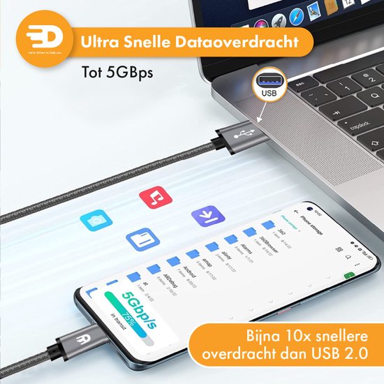 Drivv. USB zu USB C Kabel - Schnellladegerät - USB C Daten- und Ladekabel - 2 Meter - Geeignet für Samsung, iPhone 15 & mehr - Space Grau