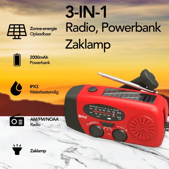 Brixy Emergency Radio - Radio mit Batterie für Notfälle - Aufziehbar - Solar - Taschenlampe - Powerbank - Rot