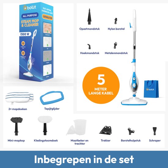 BOLLIT Hochdruck-Dampfreiniger 2 in 1 - Handdampfreiniger - 1500W 16 in 1 - Fleckenreiniger - für alle Böden, Sofa, Bad und Teppichreinigung