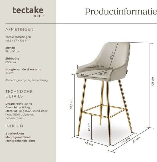 tectake - 2er Set Barhocker Avane - Gepolsterter Barhocker mit Rückenlehne - Barhocker - Ergonomischer Barhocker mit Fußstütze - Esszimmerstuhl mit Polsterung in Samtoptik - Stabile Stahlbeine mit rutschfestem Bodenschutz - Creme/Gold