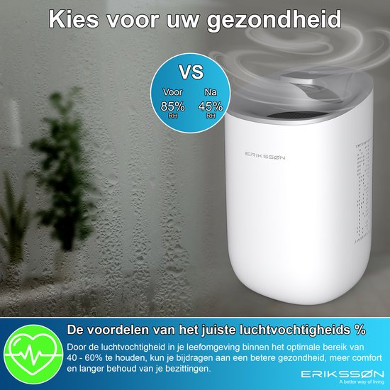 Erikssøn Luftentfeuchter Dry Pro - Entfeuchtet bis zu 0,6 Liter pro Tag - Geeignet für Haus, Schlafzimmer und Badezimmer und Wohnzimmer und Keller - Luftentfeuchter - Weiß