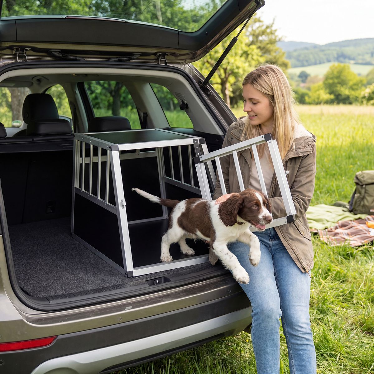 Coast Tiertransportbox – abschließbare Tür – herausnehmbare Trennwand – Aluminium – 69,5 x 54 x 50,5 cm – silber und schwarz