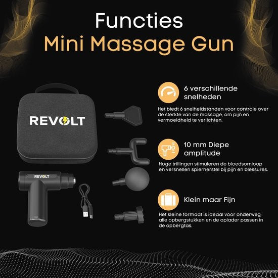 Revolt - Mini-Massagepistole - Inklusive 5 Aufsätze - Inklusive Adapter - 6 Geschwindigkeitsstufen - Muskelerholung & Muskelentspannung