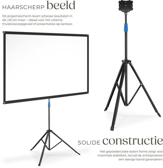 tectake® Beamer-Leinwand – 80 Zoll – 16:9-Projektionsleinwand mit Stativ – 4K HD – aufrollbar – ausziehbar – Projektionsleinwand – Präsentationsleinwand – inklusive Tragetasche