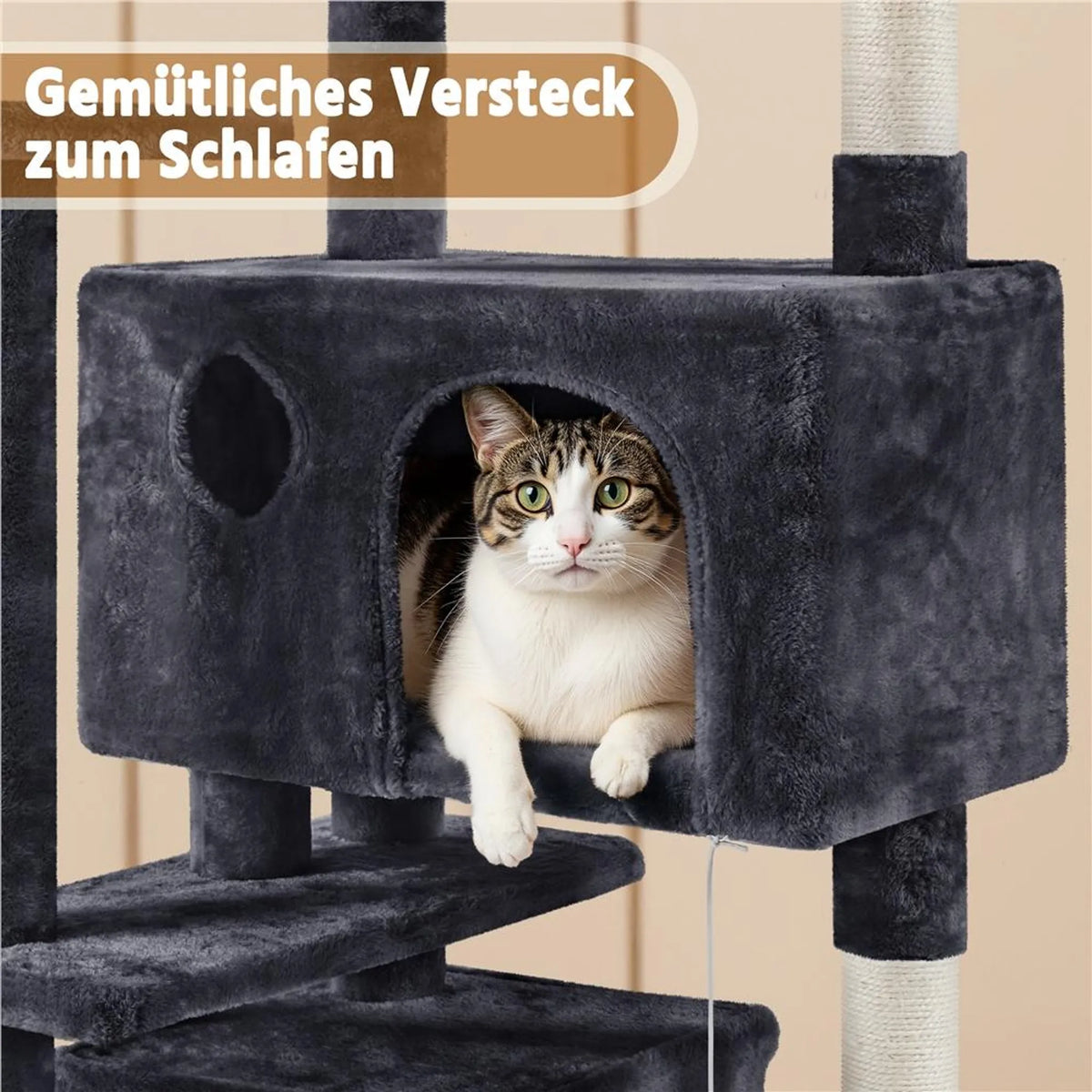 Yaheetech Kratzbaum mit 2 Höhlen – 158 cm hoch – 49 x 49 cm – Schwarz