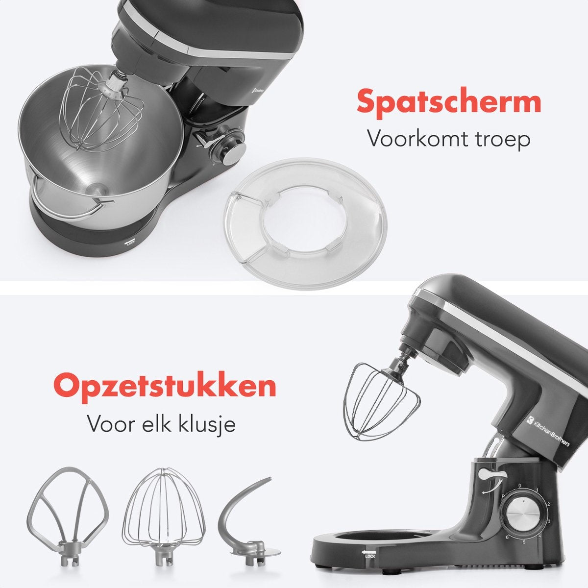 KitchenBrothers Küchenmaschine - Küchenmixer mit 6L-Edelstahl-Mixschüssel - Küchenroboter - 1400W - Anthrazit