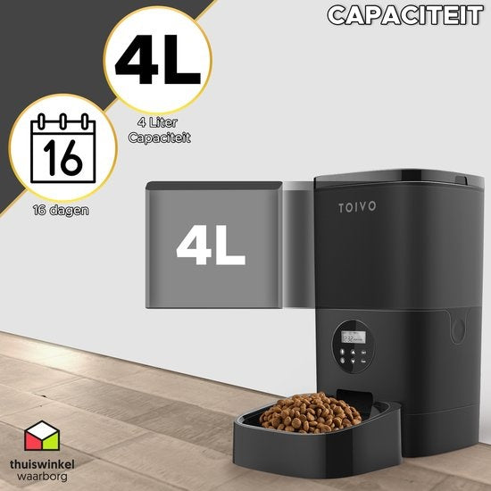 Toivo - Automatischer Futterspender - 4L Pro - für Katzen und Hunde - mit Batterie - Schwarz