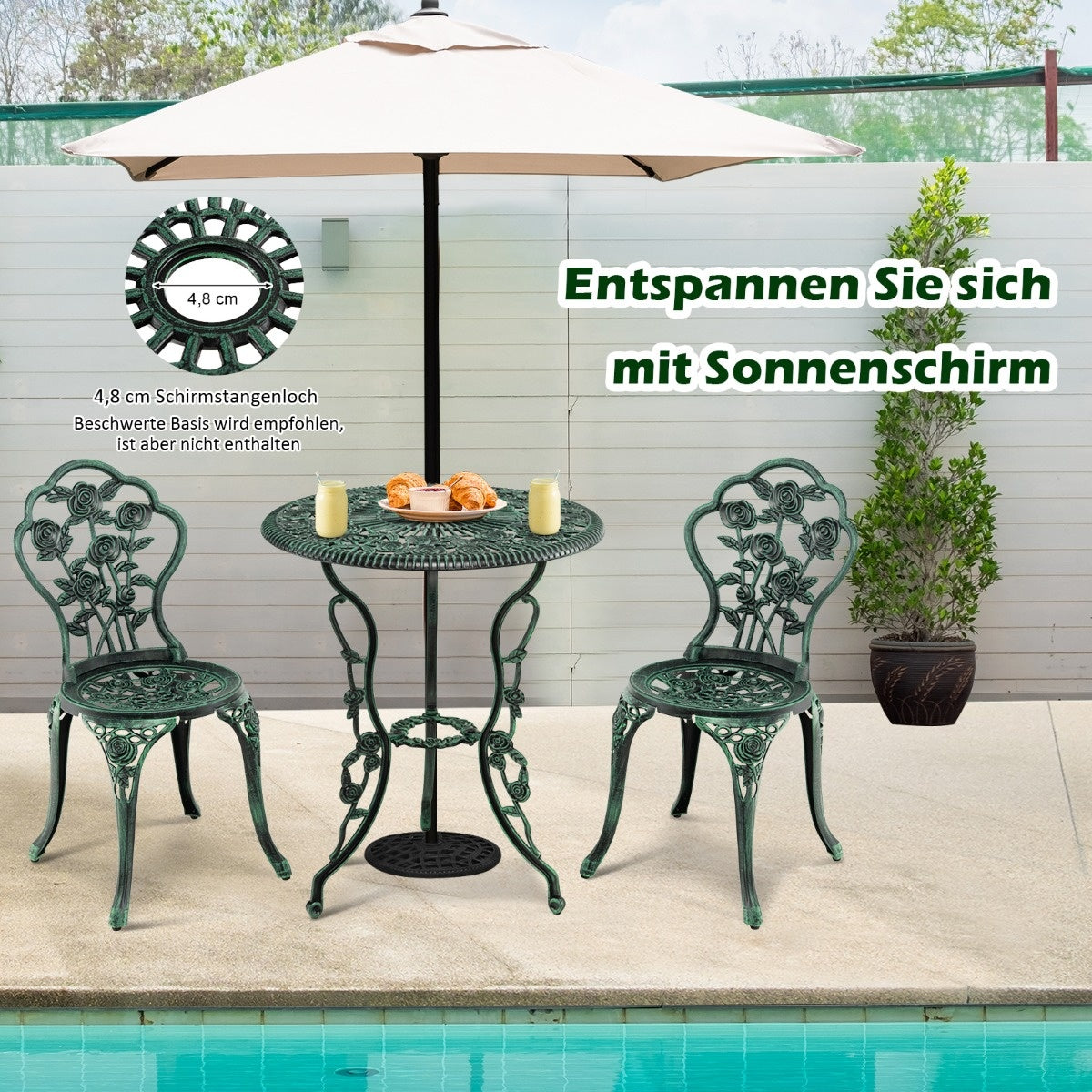 Küste 3tlg. Antikes Bistro-Set Rose Design Sitzgruppe Balkon-Set Garten-Set mit 2 Stühlen