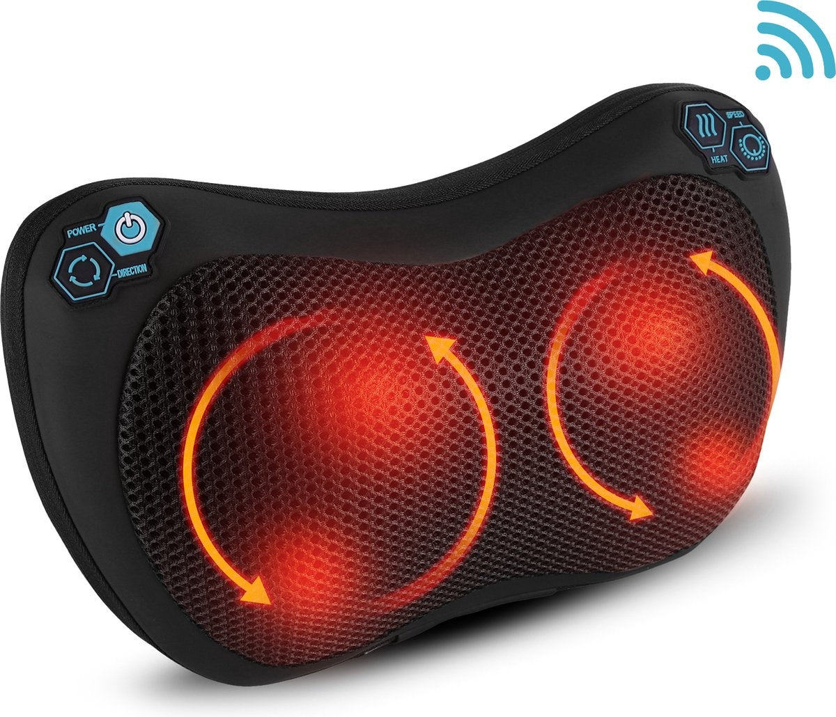 Qumax Massagekissen kabellos - Wiederaufladbar - Wärmefunktion - Elektrisches Shiatsu-Massagekissen - Schwarz