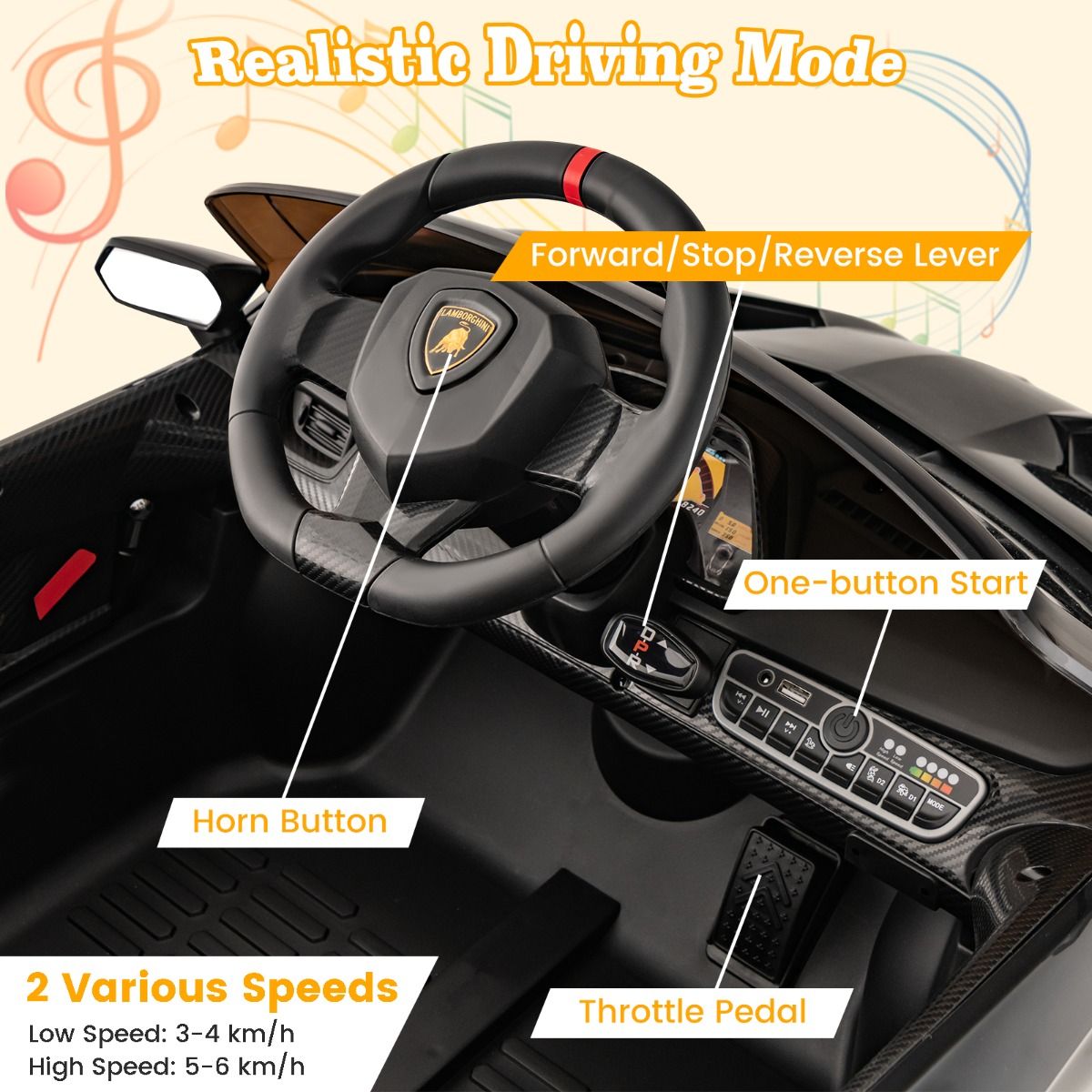 Coast Lamborghini lizenziertes Elektroauto - 12V Batterie - Fernsteuerung - 3 Geschwindigkeiten - hydraulische Türen - Schwarz