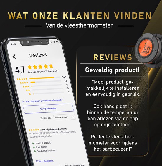 MostEssential AT-02 Fleischthermometer - Smart BBQ Thermometer - Inklusive Bluetooth, App & 2 Messfühler