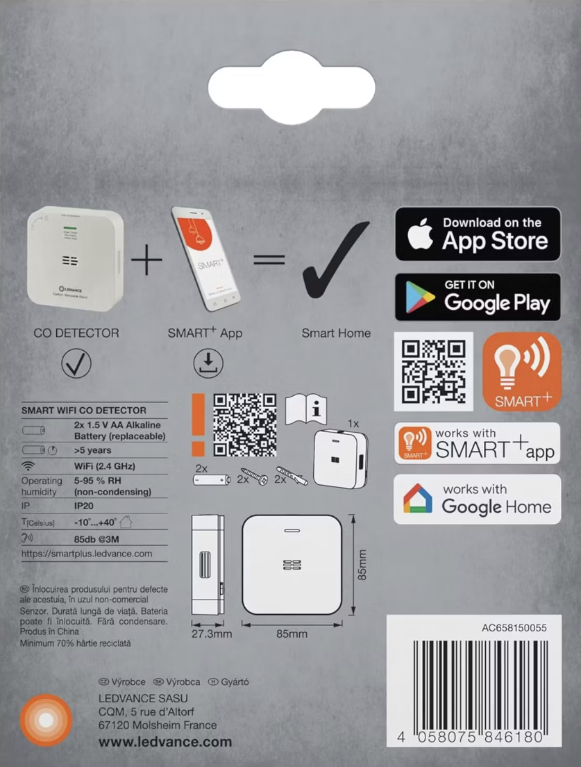 Ledvance Smart Wifi Kohlenmonoxidmelder - 85x27x85 mm - Kompakt und intelligent - Weiß