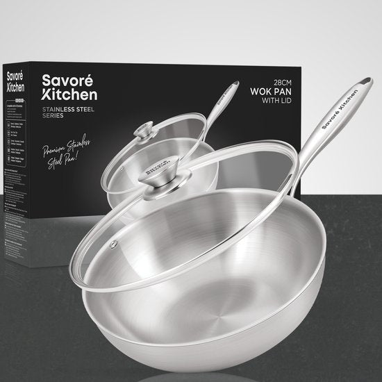 Savoré Kitchen Wokpfanne Edelstahl 28 cm mit Deckel - Induktionsgeeignet - Wokpfannen - 3-lagig - Professionelle Wärmeverteilung