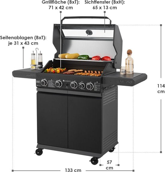 Juskys Barbecue / Gasgrill / BBQ Savannah - 4 + 1 Brenner - 14,5 kW - Stahl - Inkl. Abdeckplane