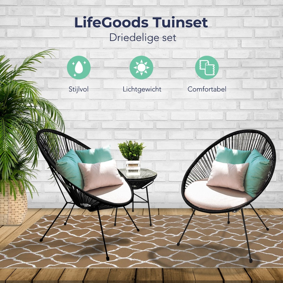 LifeGoods Acapulco Chair Bistro Set - Gartenstühle - Gartenset mit Beistelltisch - 3-teilig - Schwarz