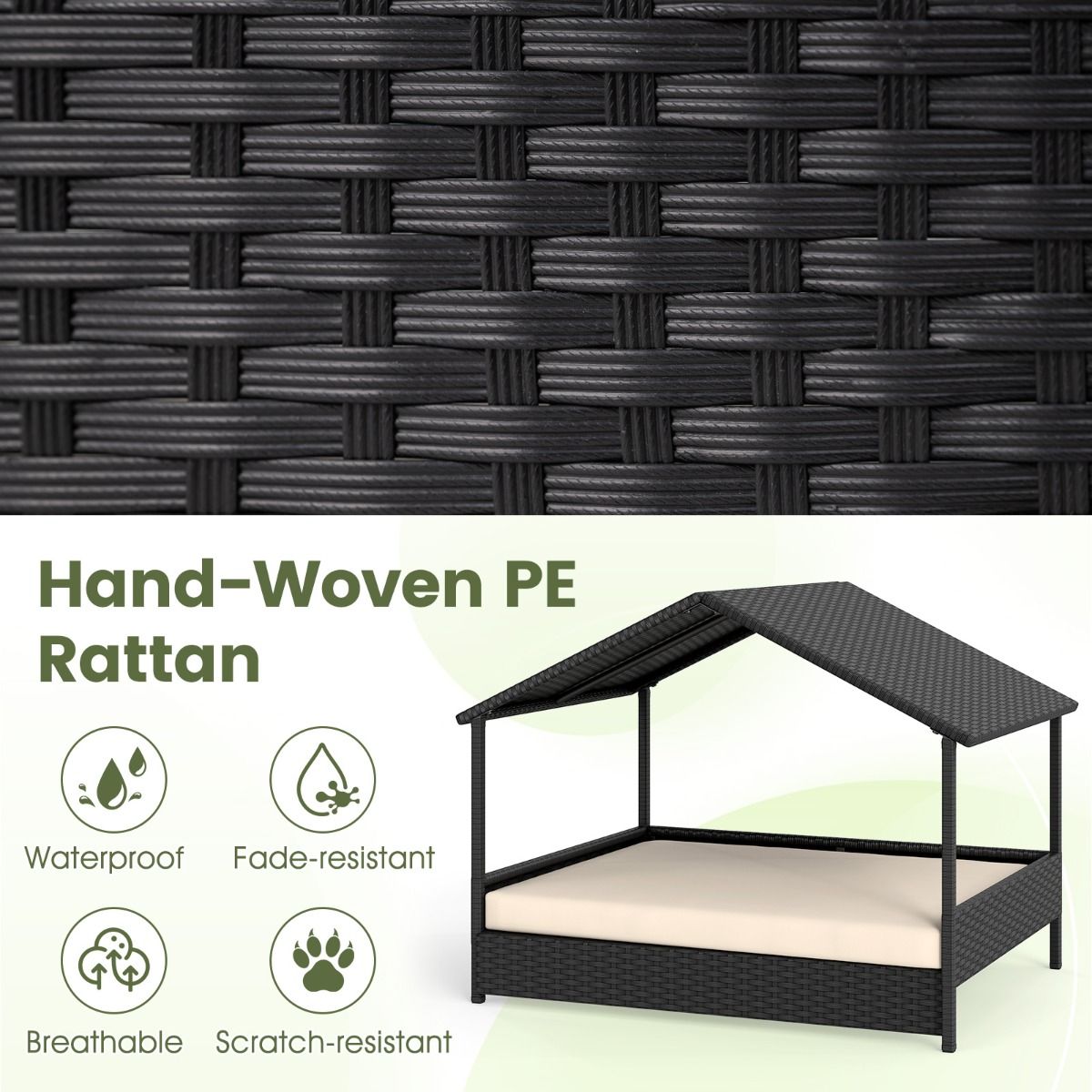 Coast Hundekorb mit Baldachin – Erhöhte Rattan-Hundecouch – Inklusive Kissen – Beige