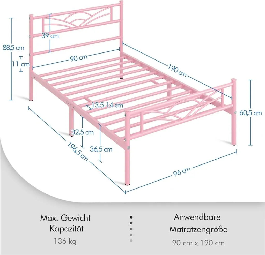Yaheetech Metall-Bettgestell 90 x 190 cm – Hellrosa – Einzelbett mit Kopfteil im Wolkenmuster
