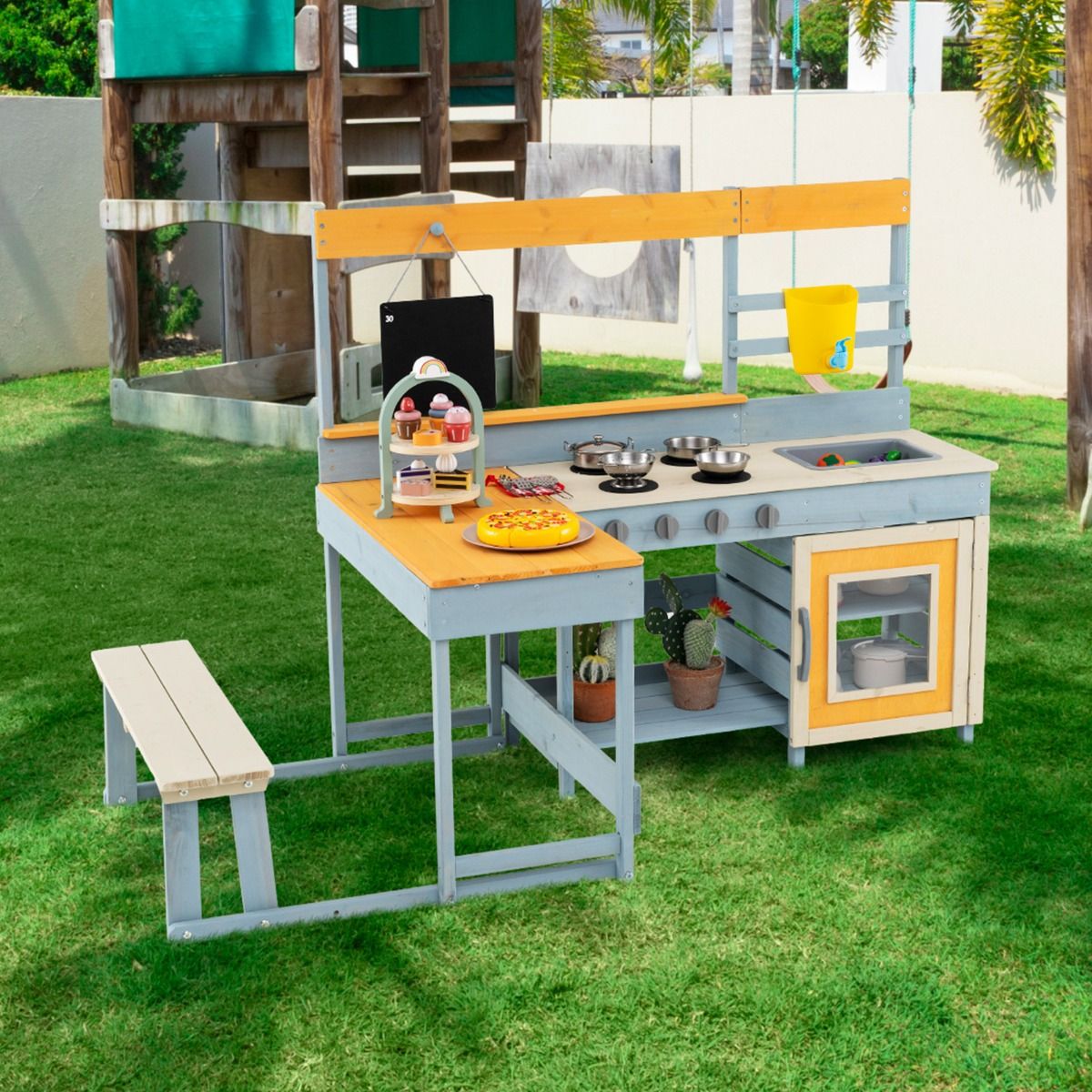 Coast Spielküche für Kinder – 2-in-1-Spielküche und Essecke – mit Stauraum und Zubehör – grau – 150 x 71 x 99 cm