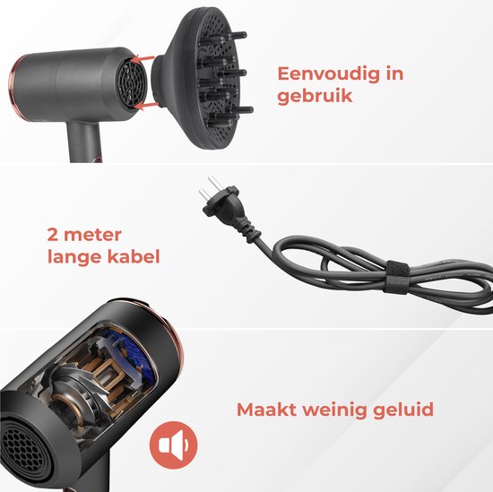 Nuvance - Haartrockner mit Diffusor - Inklusive 3 Aufsätze - 3 Hitze- und 2 Blasstufen - Haartrockner für Locken - Ionen-Haartrockner - Haartrockner