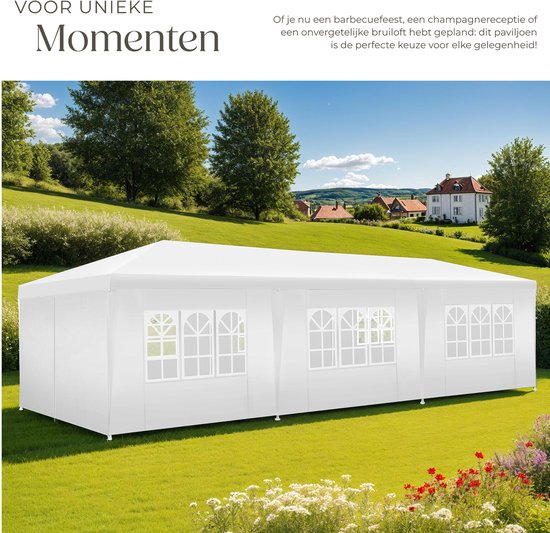 tectake® Pavillon Miramas - Partyzelt 9x3 m - Weiß - 8 abnehmbare Seitenteile - UV- und wasserbeständiger Gartenpavillon - Inklusive Spannleinen und Heringe - Vordach