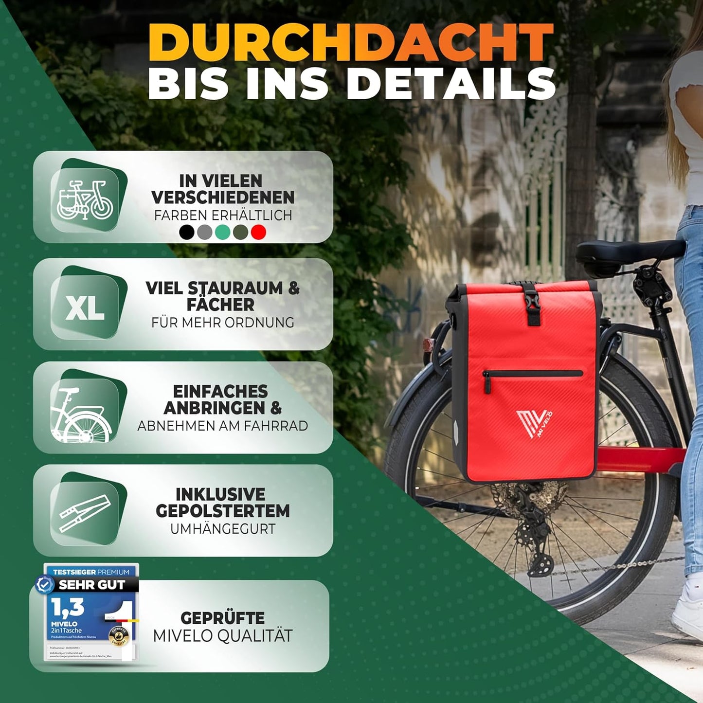 MIVELO 2-in-1 wasserdichte Gepäckträgertasche für Gepäckträger - Rot Carbon - 22 L