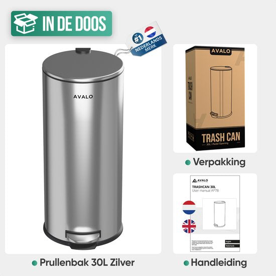 Avalo Tret-Abfalleimer 30L - Edelstahl Silber - Soft Close - Tret-Abfalleimer 30 Liter - Mülleimer 30 Liter