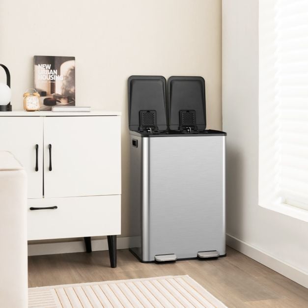 Coast Mülleimer Schwarz/Silber - 2 flache Abfalleimer mit Soft-Close-Pedalen - 2 x 30L
