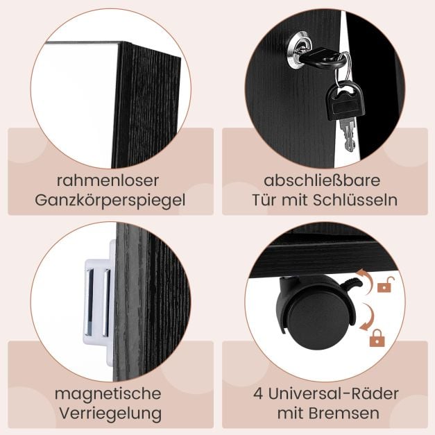 Coast Schmuckschrank Schwarz - Abschließbarer Spiegelschrank mit LED-Make-up-Spiegel - 40 x 38 x 163 cm